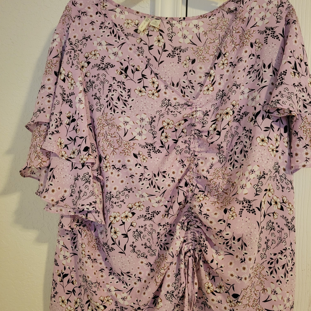 Cato Lavender Floral Ruffle V-Neck Drawstring Blouse